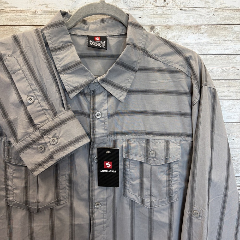 NWT SouthPole Mens XXL Shirt Gray Striped Long Sleeve Roll Tab Button Up Pockets